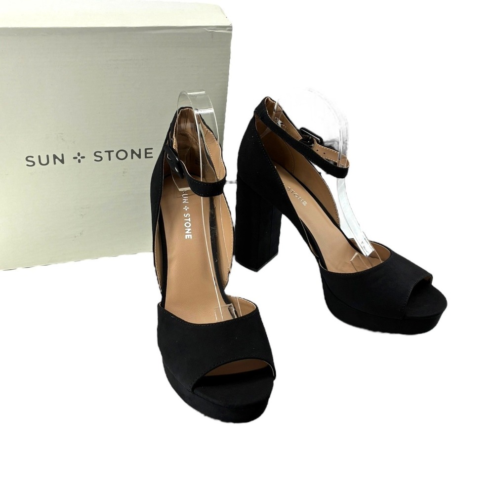 Black Platform Block Heel Ankle Strap Sandals‎ Sun + Stone Reemaa 10M